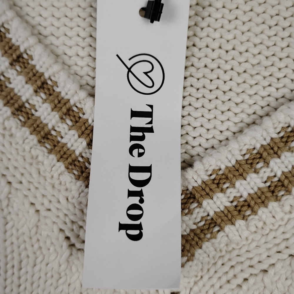 NWT The Drop Chunky Knit V- Neck Sweater In Cream With Tan Stripe Accents 4X - Picture 4 of 7